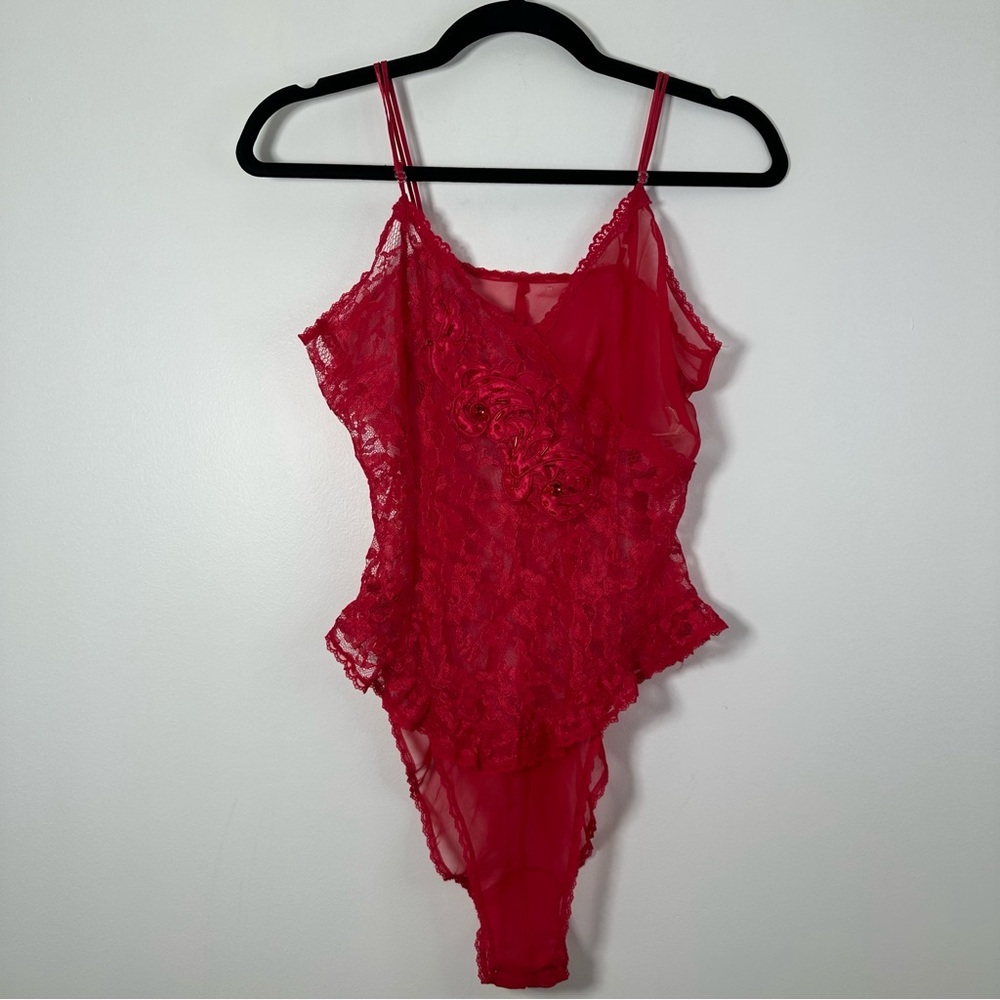 Victoria’s Secret Vintage Gold Label Red Lace Embellished Bodysuit Size L